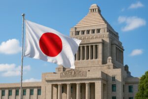 青空に映える日の丸と国会議事堂の外観