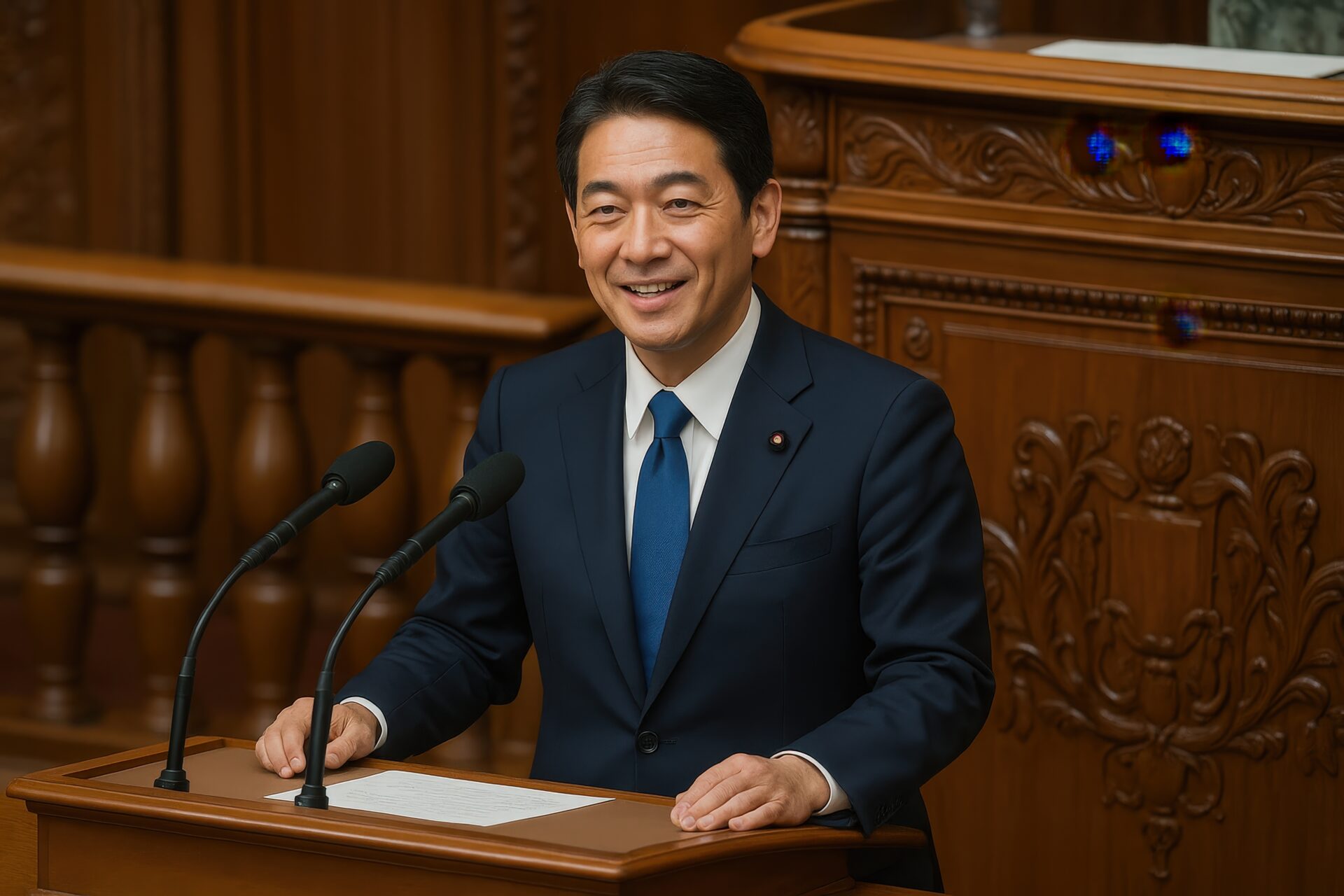 国会議事堂で演説する笑顔のスーツ姿の男性議員