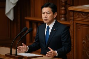 真剣な表情でスピーチを行う男性議員