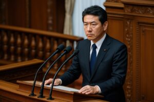 演台に立ち真剣に話す男性政治家