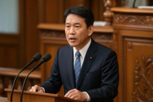 壇上で発言するスーツ姿の中年男性議員