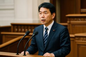 議場で演説するスーツ姿の日本人男性