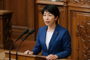 国会の演台で話すスーツ姿の女性議員