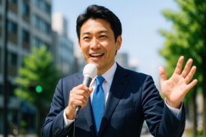 街頭でマイクを持って話すスーツ姿の男性政治家