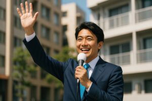 笑顔で手を挙げるスーツ姿の男性候補者