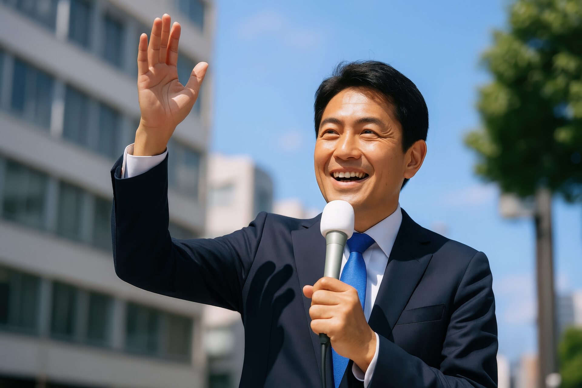 晴天の街中で演説する若い男性政治家