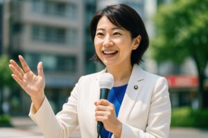 笑顔で手を振るスーツ姿の女性政治家