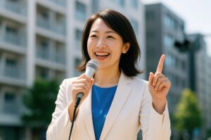 人差し指を立てて話す街頭演説中の女性候補者
