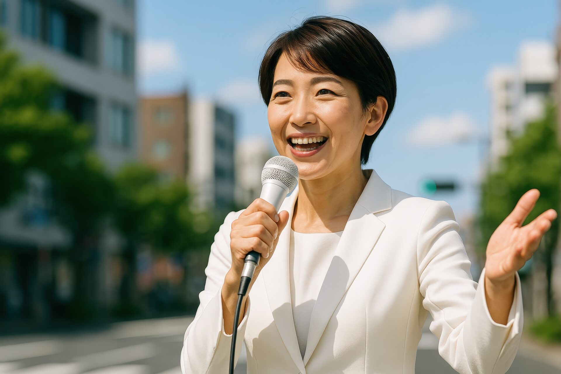 明るい表情でマイクを持って話す女性政治家
