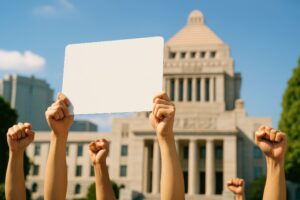 国会議事堂前でプラカードを掲げ抗議する人々の手