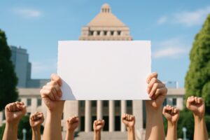 拳を突き上げプラカードを掲げる群衆と国会議事堂