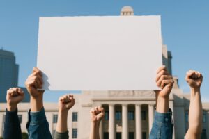 白いボードを掲げて抗議する群衆の手と国会議事堂