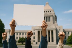 国会議事堂前で主張を掲げる人々の手と白いプラカード