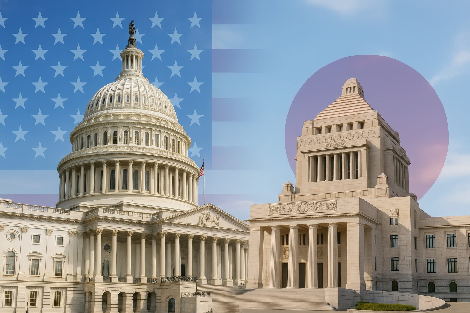 米国と日本の議事堂建築と国旗を組み合わせた構図