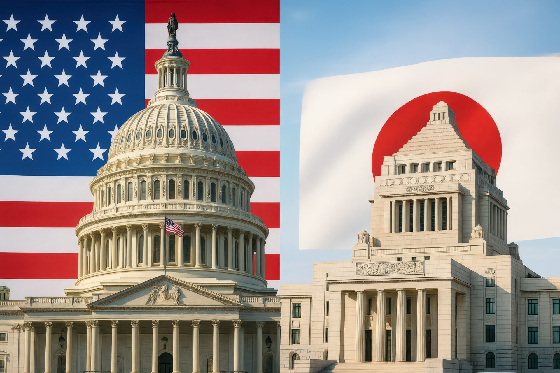 アメリカと日本の議会建築と国旗の対比構成
