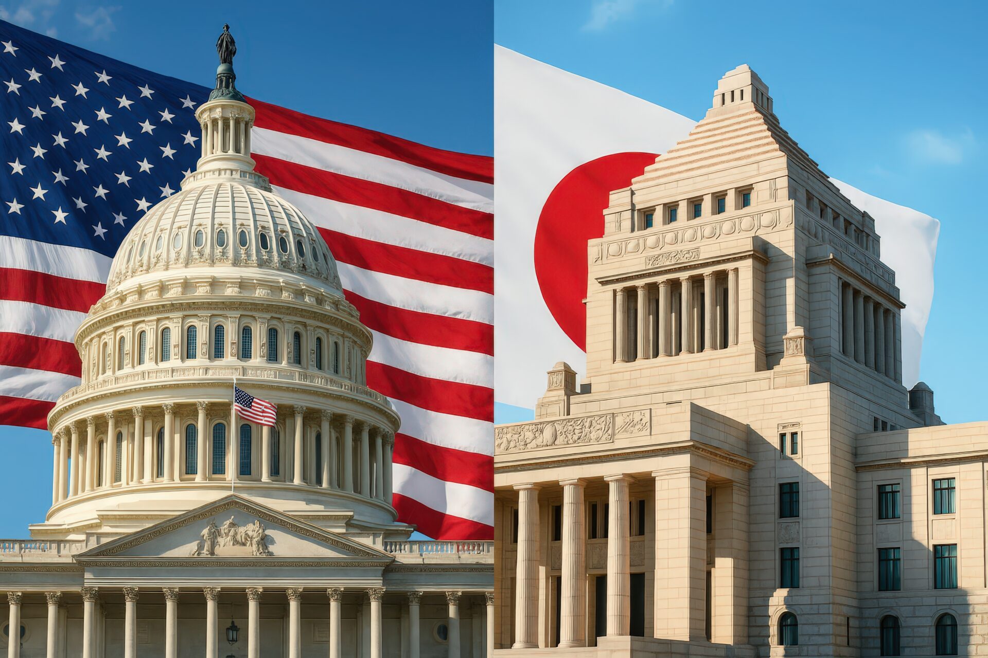 星条旗と日の丸を背景にした両国の議事堂建築