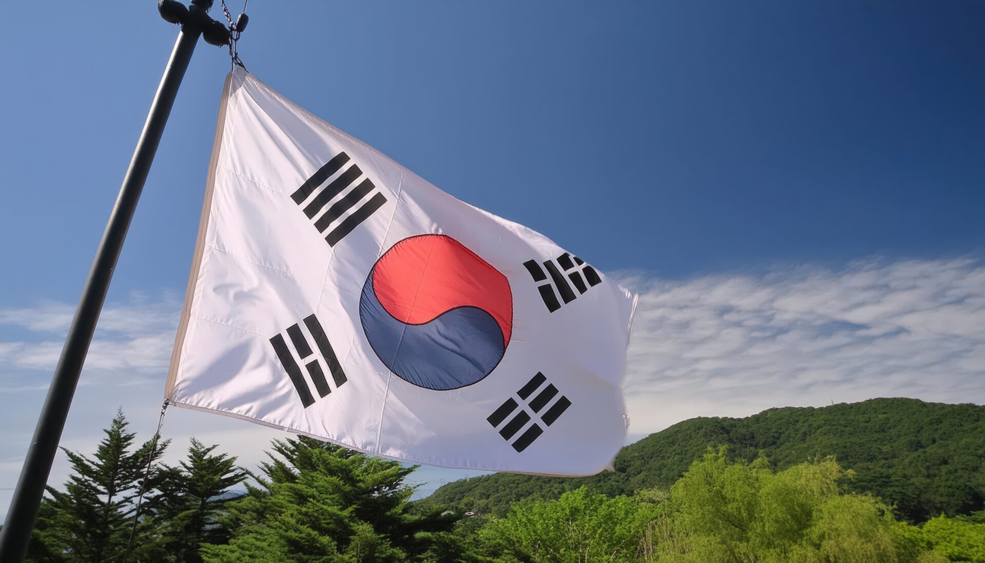 山の景色と共に掲げられた韓国の国旗