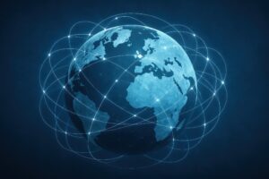 通信ネットワークに包まれた地球のデジタルイメージ