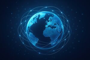 デジタルな光の軌跡に囲まれた地球のイメージ