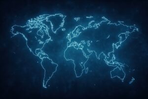 青い光で描かれたデジタルスタイルの世界地図