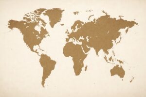 クラフト紙風の質感で表現された茶色の世界地図