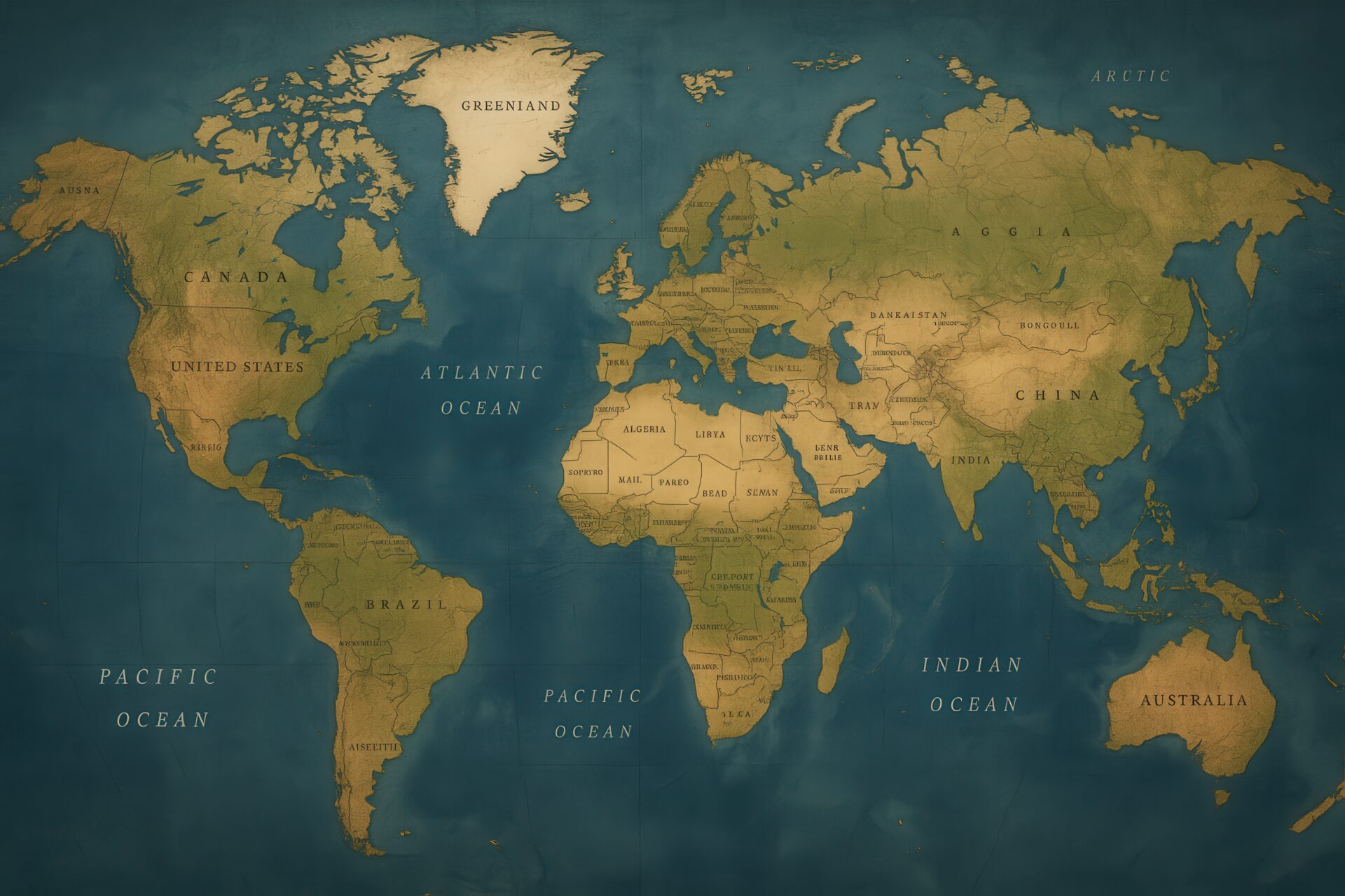 国名入りのレトロなデザインの世界地図