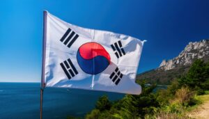 海辺に掲げられた韓国の国旗