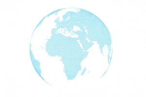 水色の円形ドットで描かれたシンプルな地球のビジュアル