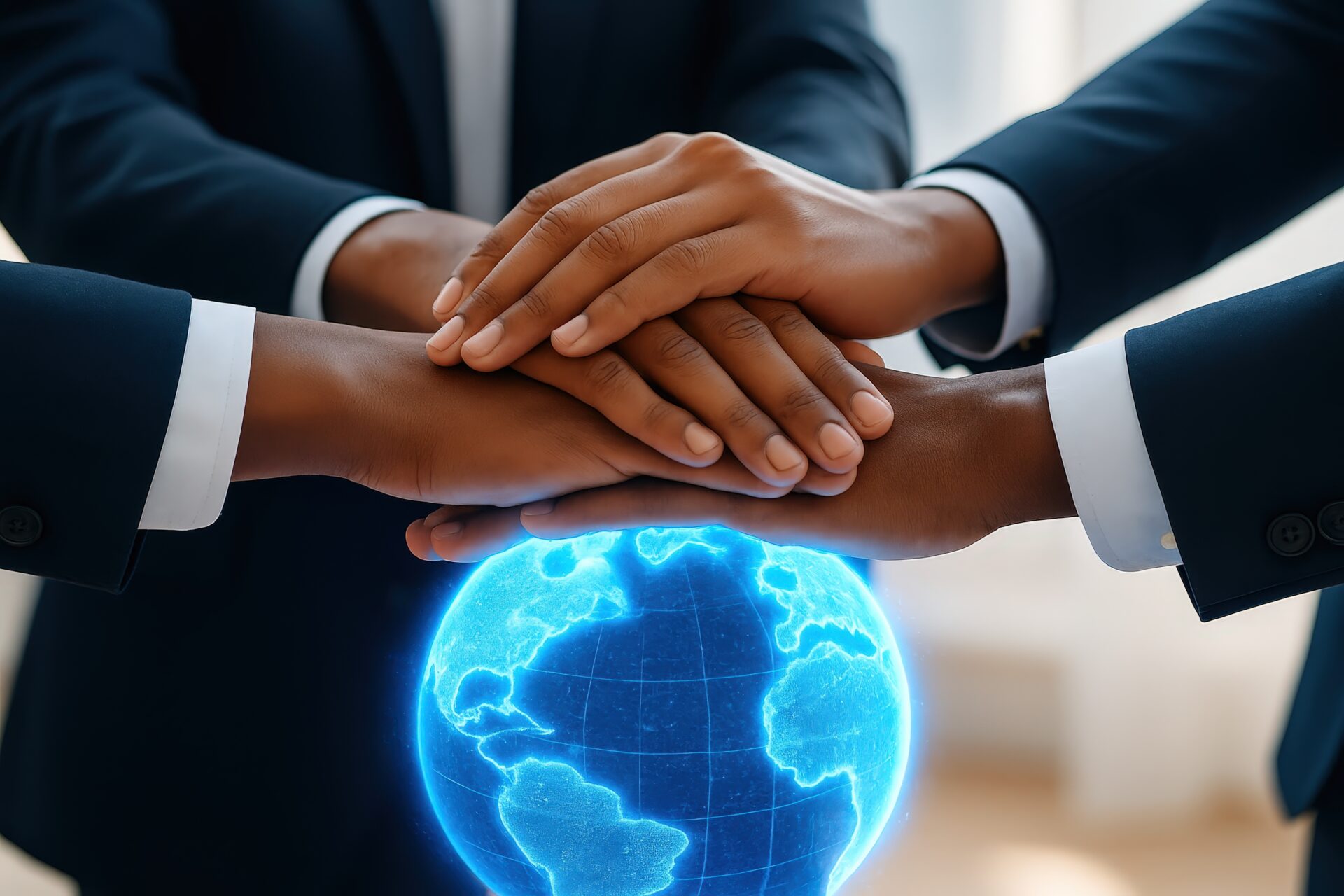 デジタル地球儀の上に重ねられたビジネスマンたちの手