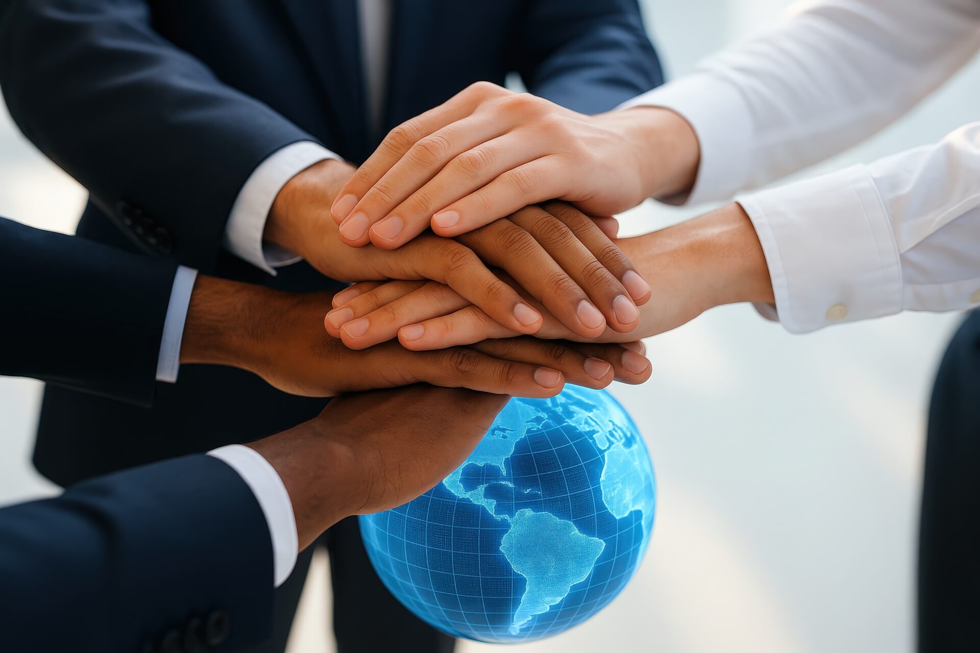 グローバル連携を象徴する複数の手と青い地球