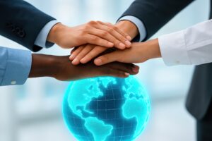 チームワークと地球を表現したビジネスシーン