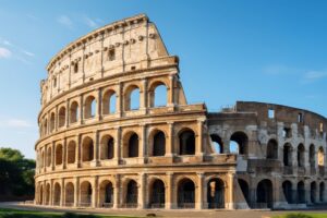 ローマのコロッセオを青空の下で斜めから撮影した風景