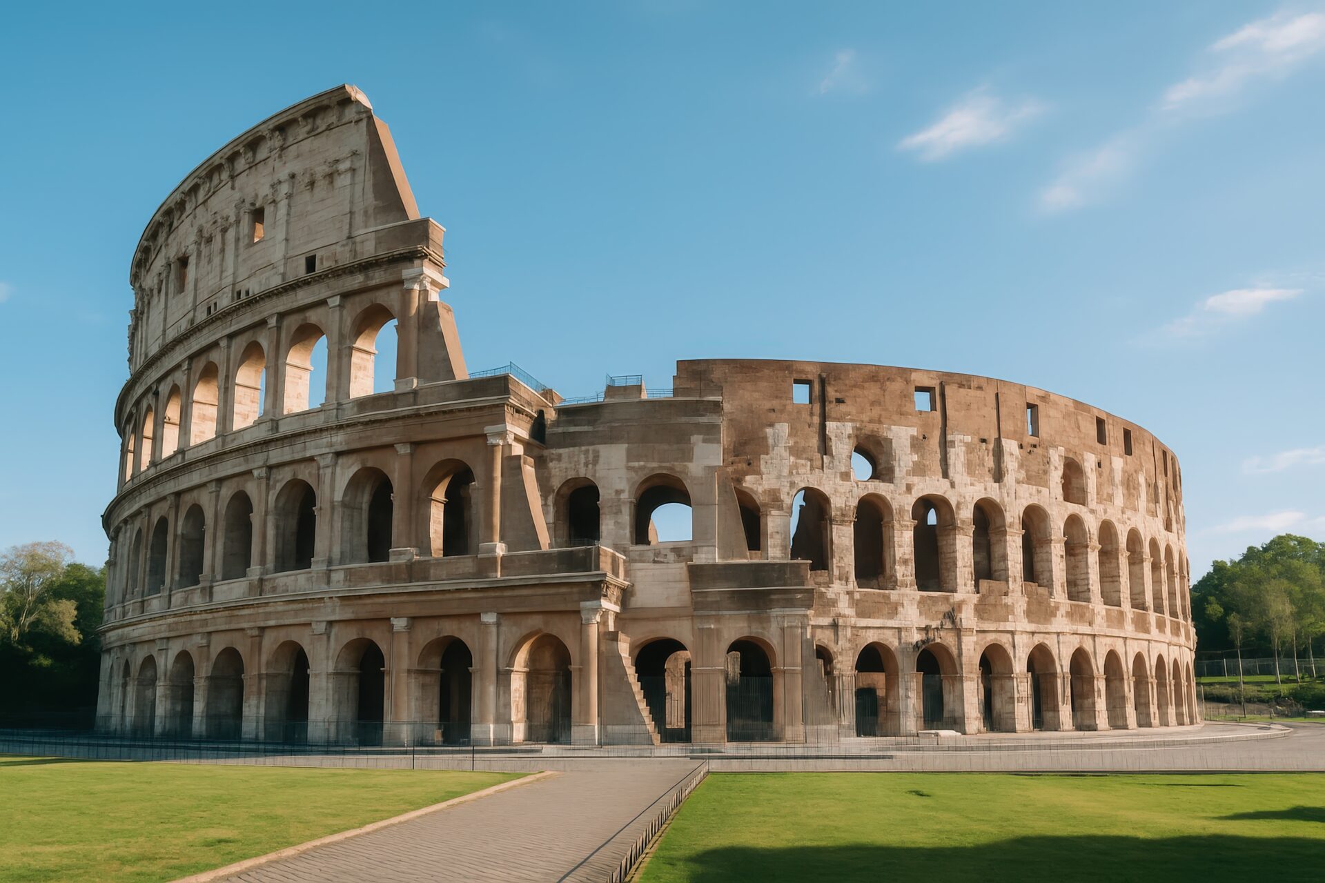 歴史的遺産コロッセオの全景と前庭の芝生