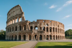 歴史的遺産コロッセオの全景と前庭の芝生
