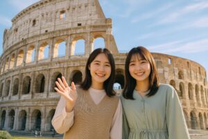 コロッセオ前で手を振る笑顔の若い日本人女性2人