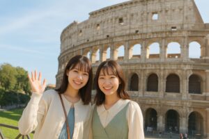 ローマ観光中の若い女性2人がコロッセオ前で笑顔