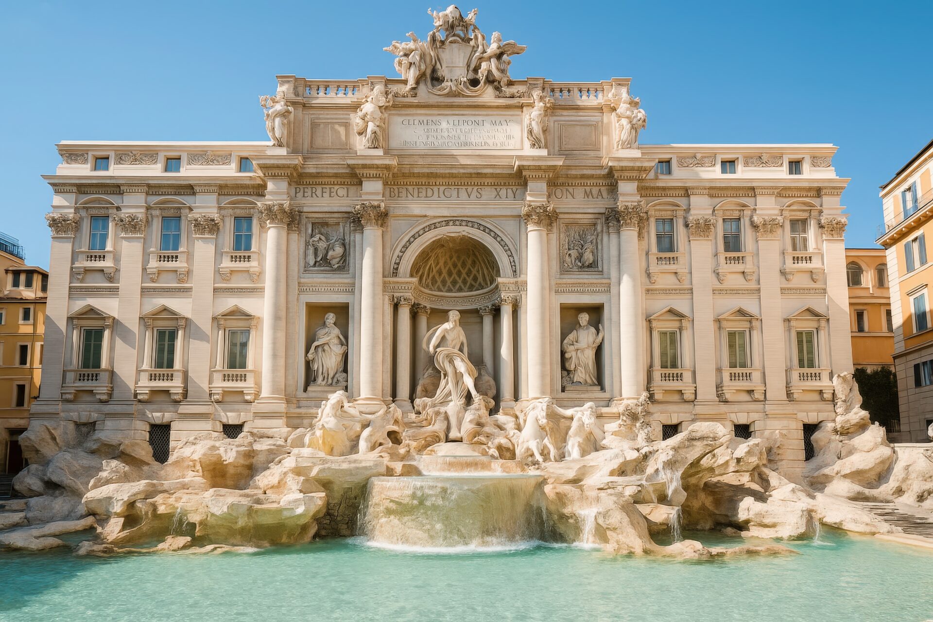 晴天の下で撮影されたトレヴィの泉の正面全景