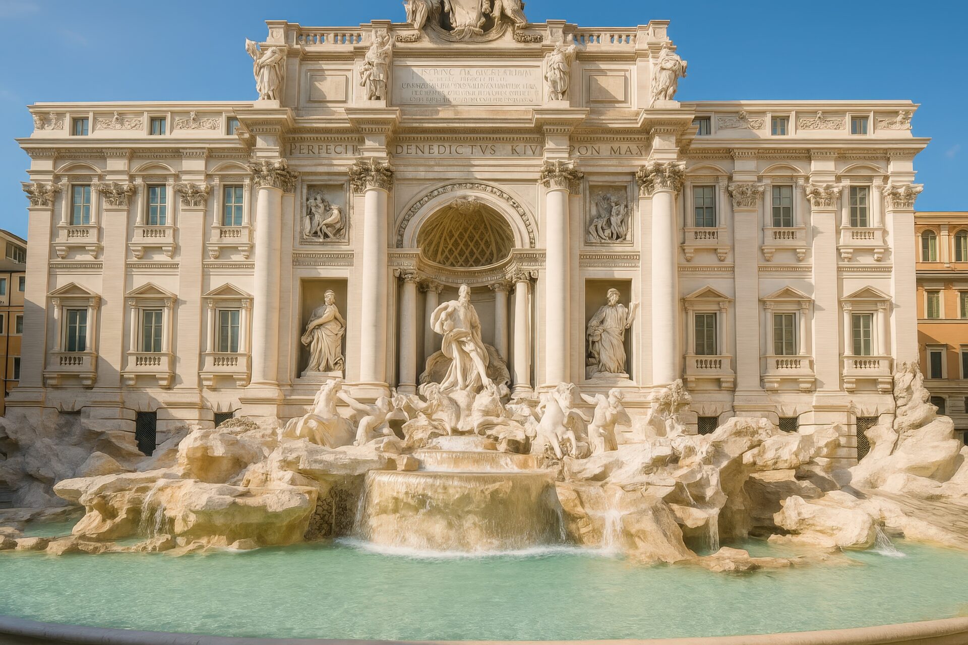 朝の光が差し込むローマのトレヴィの泉の広角構図