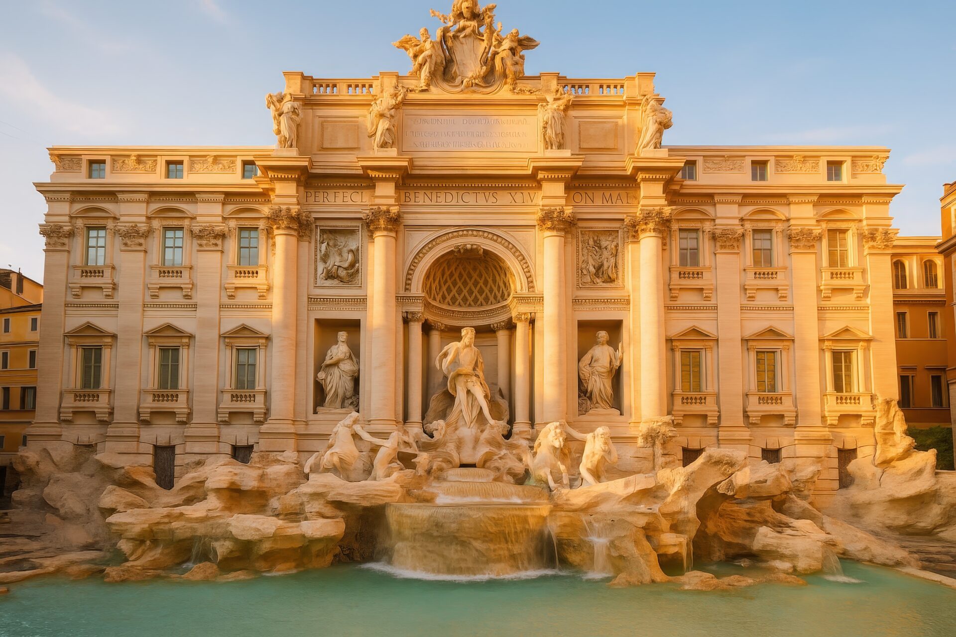 夕陽に照らされるトレヴィの泉とバロック建築の荘厳さ