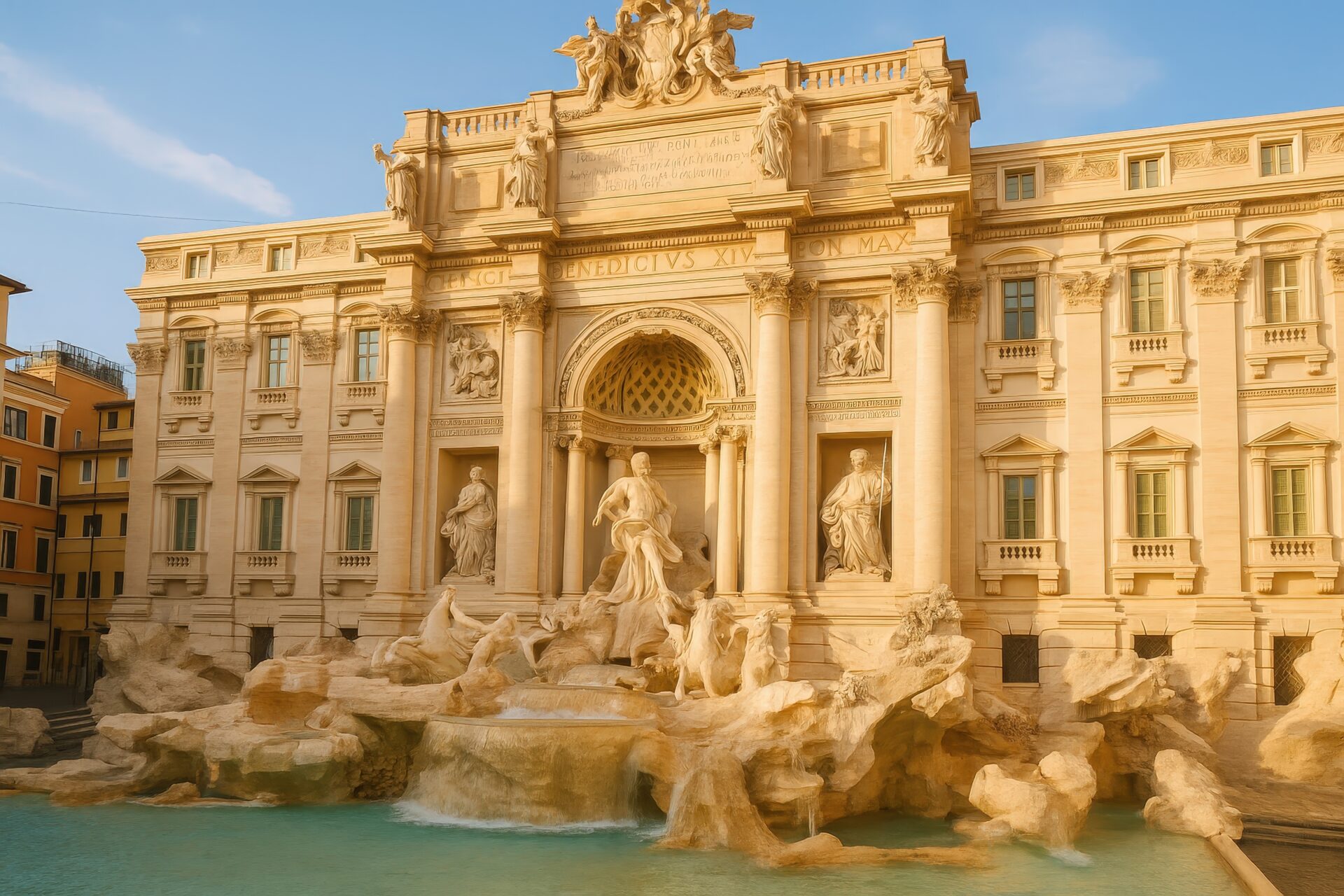 金色の光に包まれたトレヴィの泉と彫像群