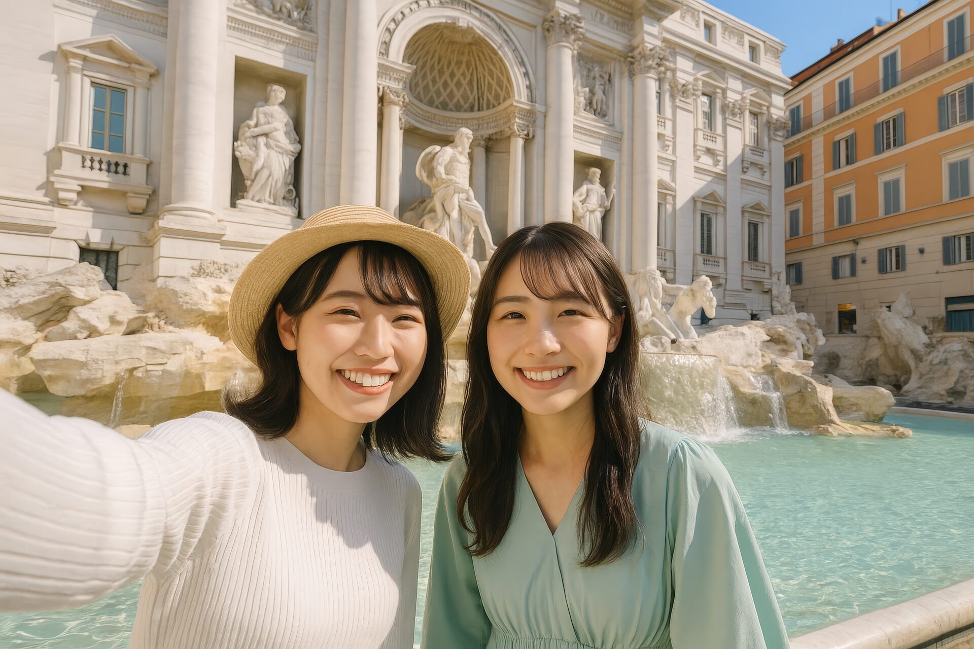 トレヴィの泉前で自撮りを楽しむ笑顔の若い日本人女性2人