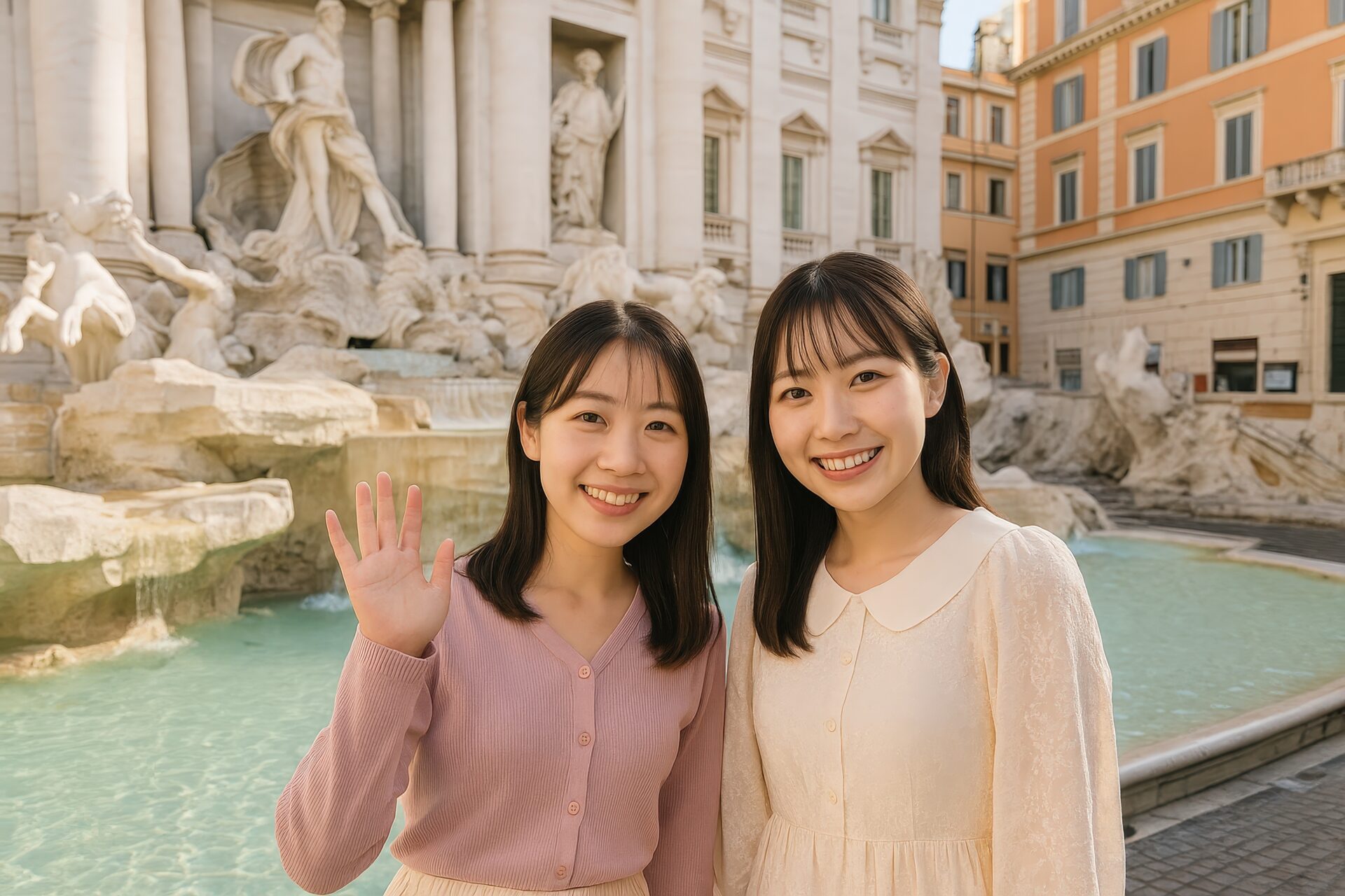 ローマ観光でトレヴィの泉を背景に手を振る日本人女性2人