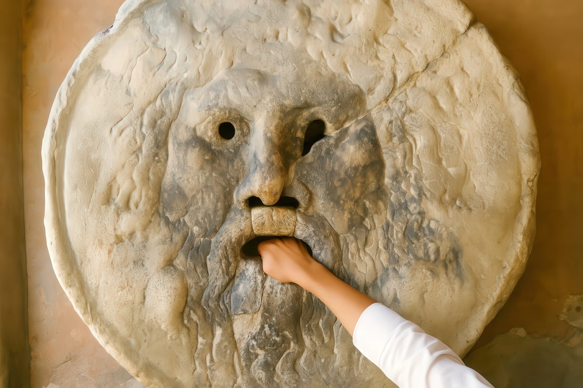 真実の口に手を入れる観光客の手元のクローズアップ