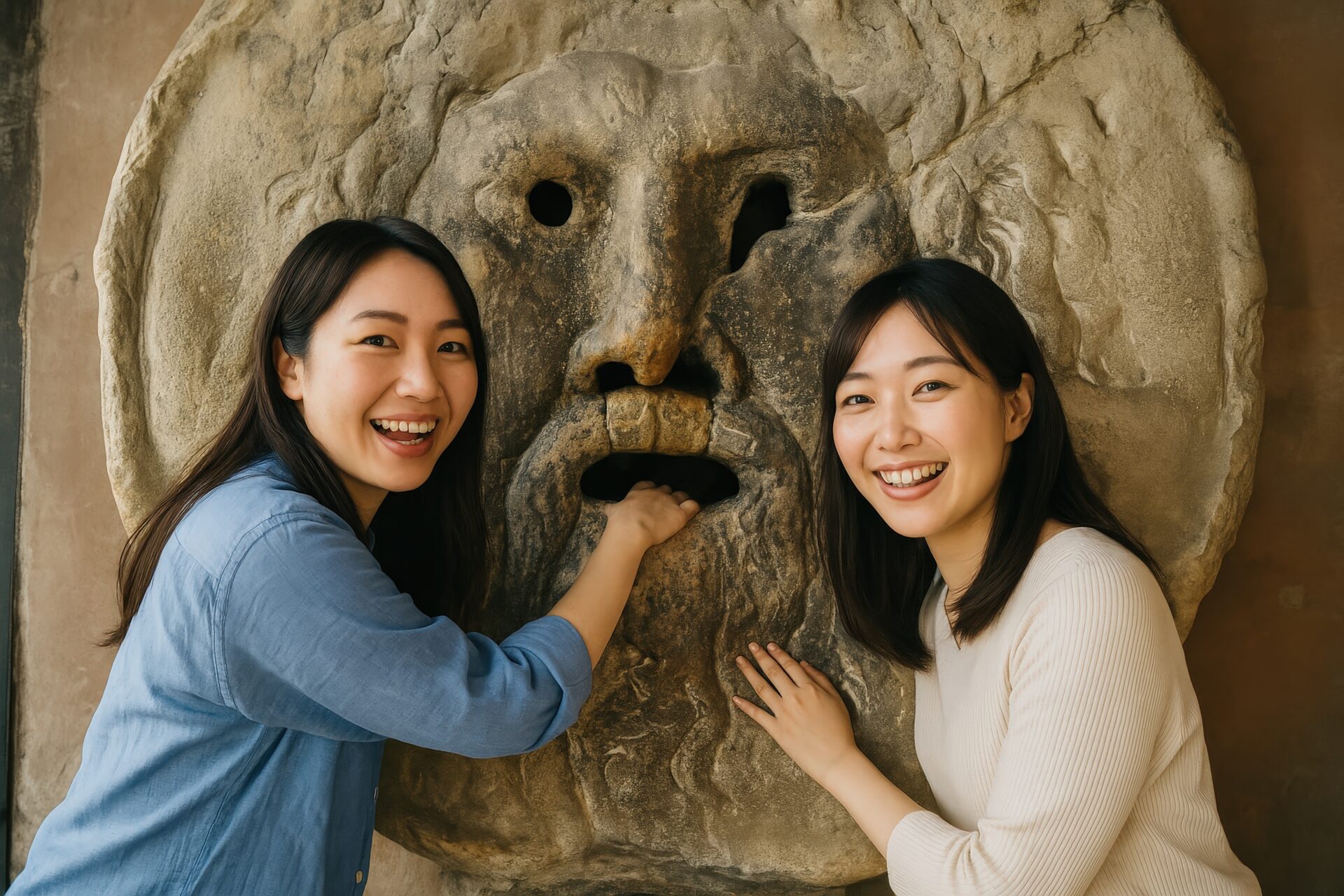 観光名所「真実の口」でポーズを取る日本人女性2人