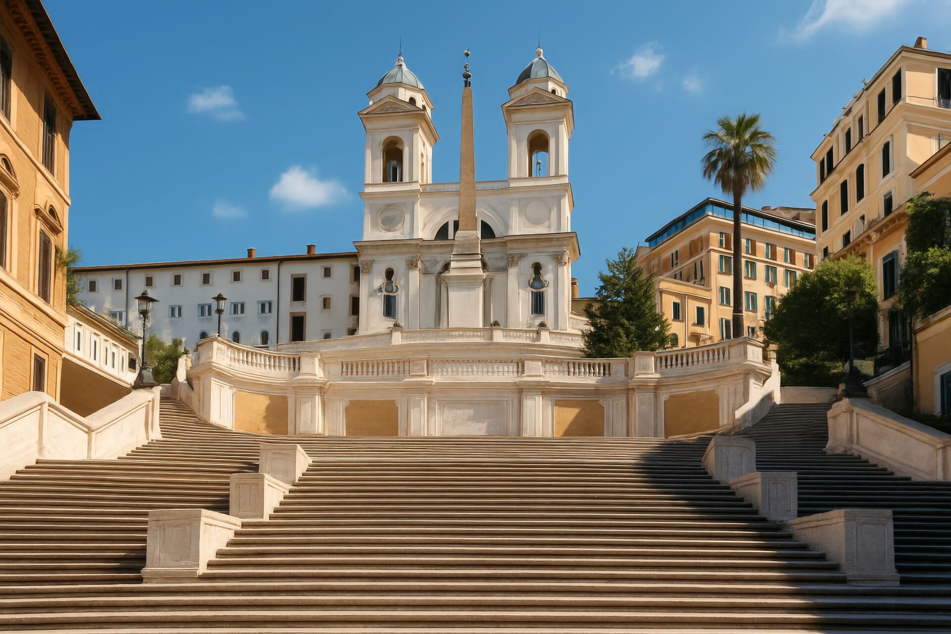 晴天の下で撮影されたスペイン階段と教会の正面風景
