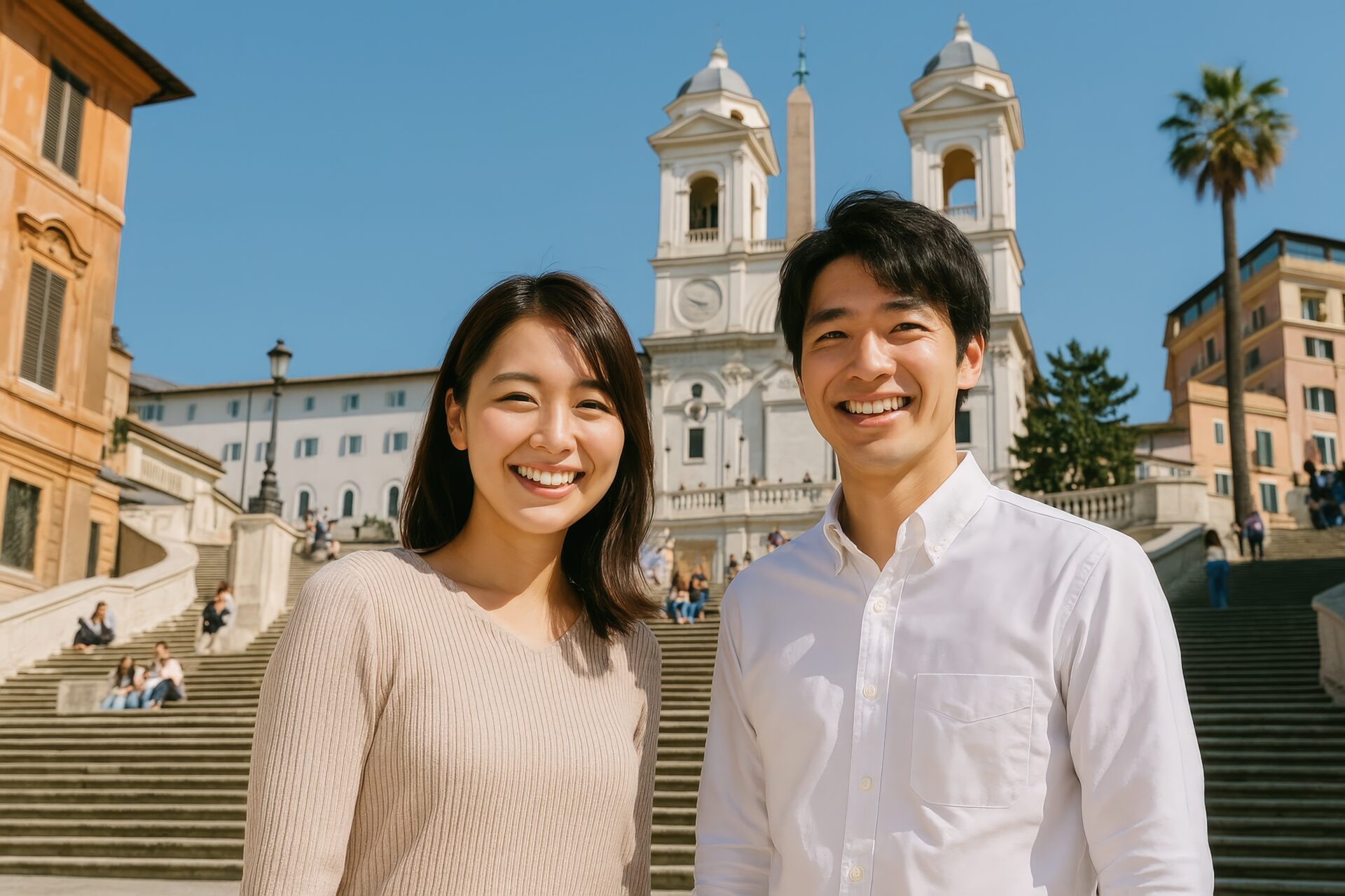 スペイン階段を背景に笑顔を見せる若い日本人カップル