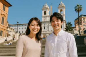 スペイン階段を背景に笑顔を見せる若い日本人カップル