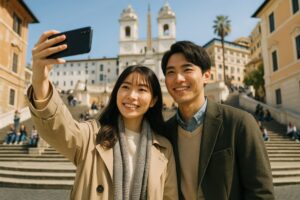 スマートフォンで自撮りをする日本人カップルとスペイン階段
