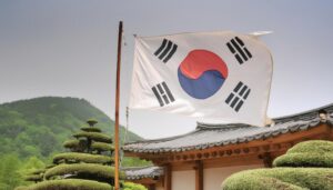 韓国の伝統的な建物と太極旗