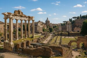フォロ・ロマーノの全景と古代神殿が並ぶ歴史的遺構